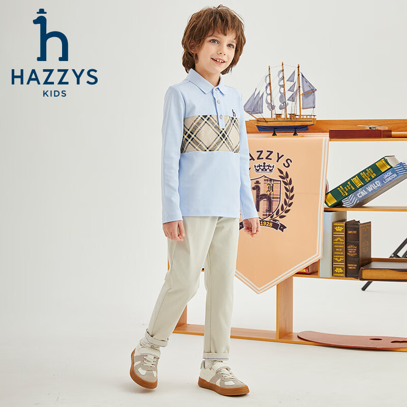 哈吉斯(HAZZYS)品牌童装男童POLO衫春季新款舒适柔软有型宽松经典翻领长袖polo 冰晶蓝 145