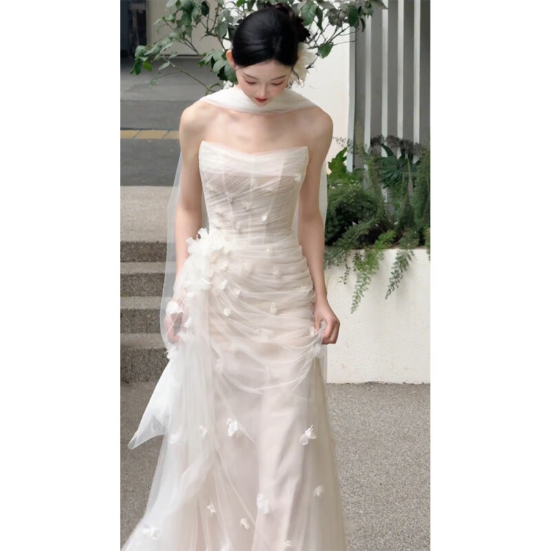 創(chuàng)京懿選輕婚紗超仙白色魚尾新娘出門紗氣質(zhì)訂婚禮服 白色 素紗 S