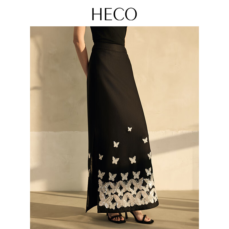 HECO【倚罗蝶梦】新中式国风2025秋冬醋酸蝴蝶刺绣高腰直筒半身裙女 黑色 XL