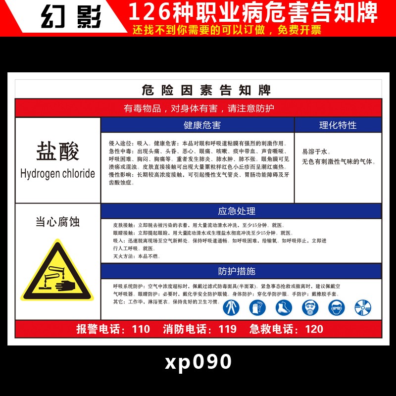 职业病危害告知卡粉尘噪声高温有限空间安全提示标志标识警示牌 盐酸