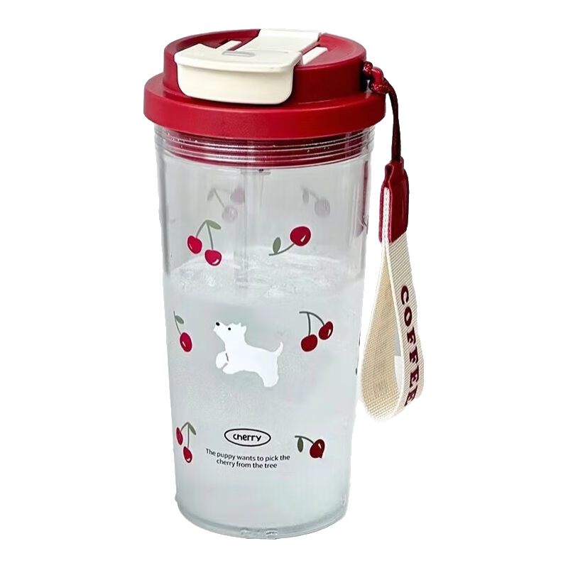 樱桃小狗塑料水杯高颜值便携双饮吸管杯子可爱简约花茶杯女学生 樱桃红色小狗550ml