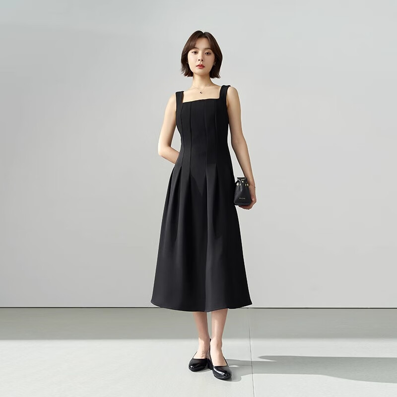 伯德小姐黑色吊带连衣裙女夏小个子a字长裙职业教师面试收腰裙子 LQ064 黑色 S -适合90-100斤可穿