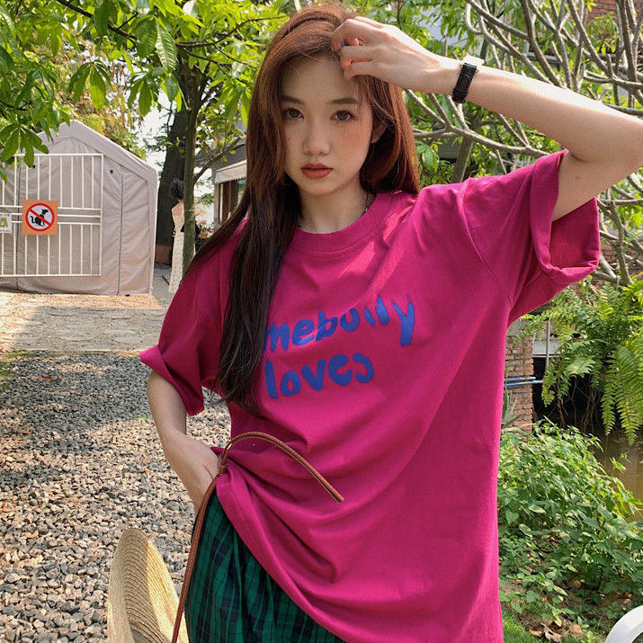 新款复古树莓设计感火龙果色短袖t恤女夏季上衣宽松上衣ins潮 火龙果