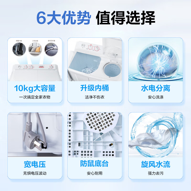 统帅(Leader)海尔出品 波轮洗衣机 双桶半自动双缸 10公斤家用 京东自营以旧换新家电补贴TPB100-1188BS