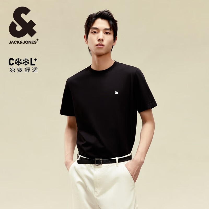 杰克·琼斯（JACK&JONES）男装T恤男夏季T恤舒适男士短袖凉感多色半袖纯色水洗不易走形 E44黑色 2XL