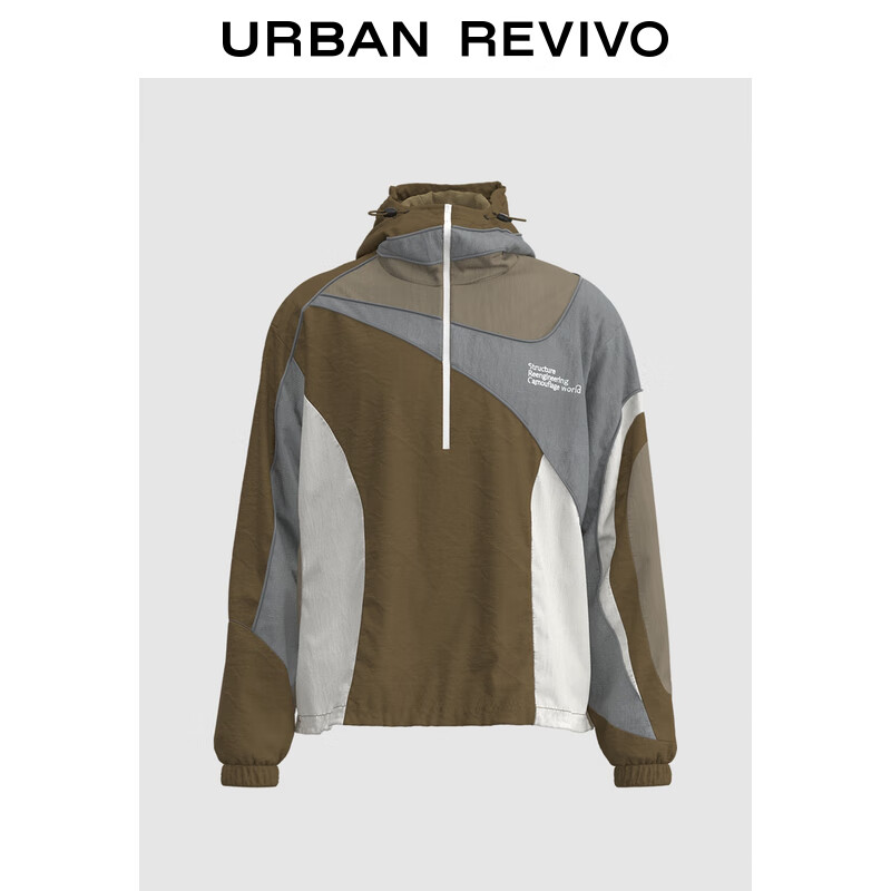 UR2025春季新款男裝戶外休閑撞色拼接連帽罩衫襯衫UMN250003 卡其 L (XL-XXL)