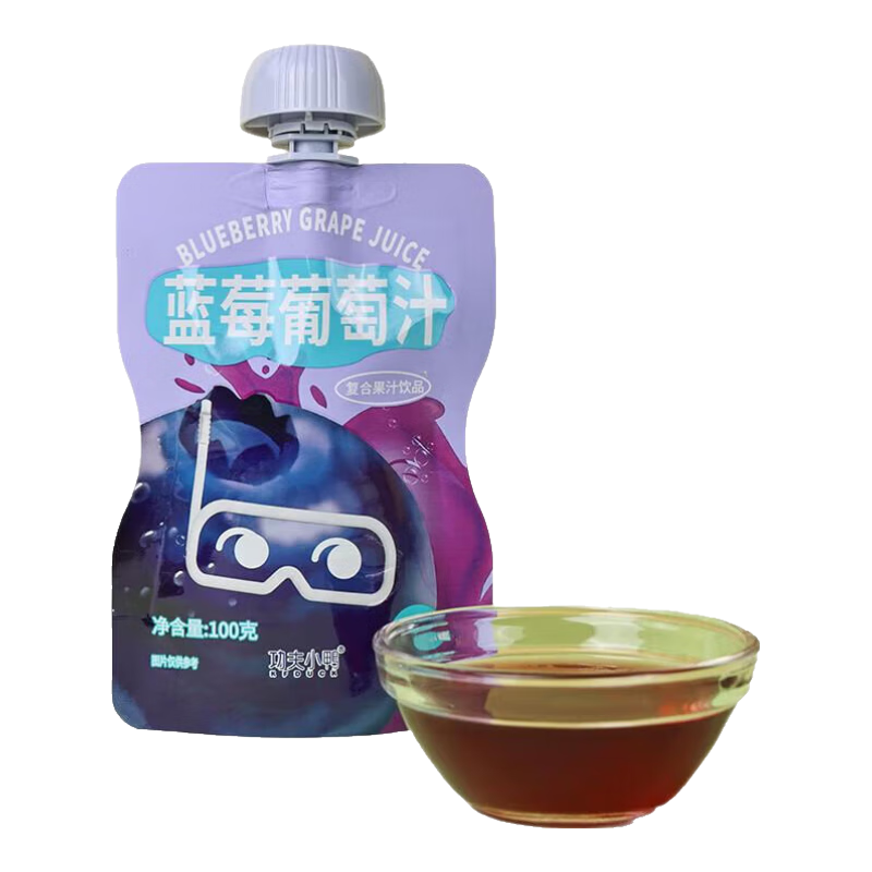 功夫小鴨果汁兒童零食飲品雪梨蜜桃汁藍莓葡萄汁金銀花柚子汁水果汁果味濃 藍莓葡萄汁 嘗鮮裝 100g 1袋