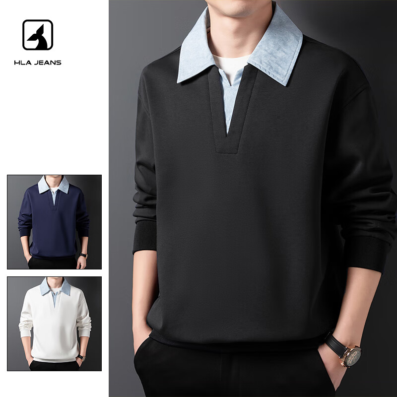 黑鲸男士卫衣春秋款假两件V领长袖高端休闲男装上衣 白色 2XL