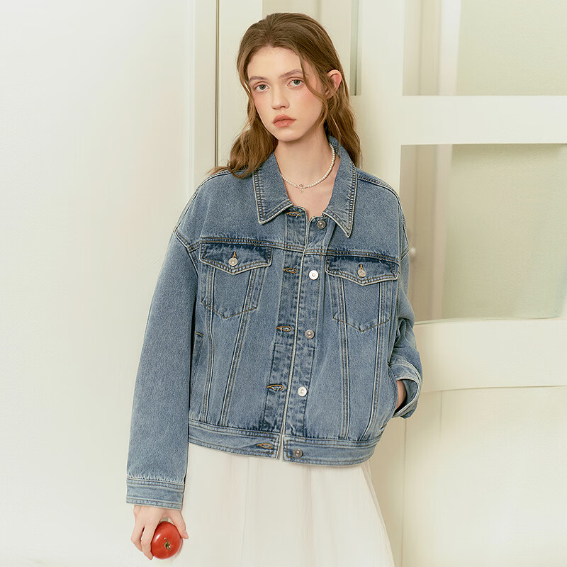 乐町韩系清甜短款棉牛仔外套2025春季新款宽松后背微兜设计上衣 牛仔中蓝（现货） XS