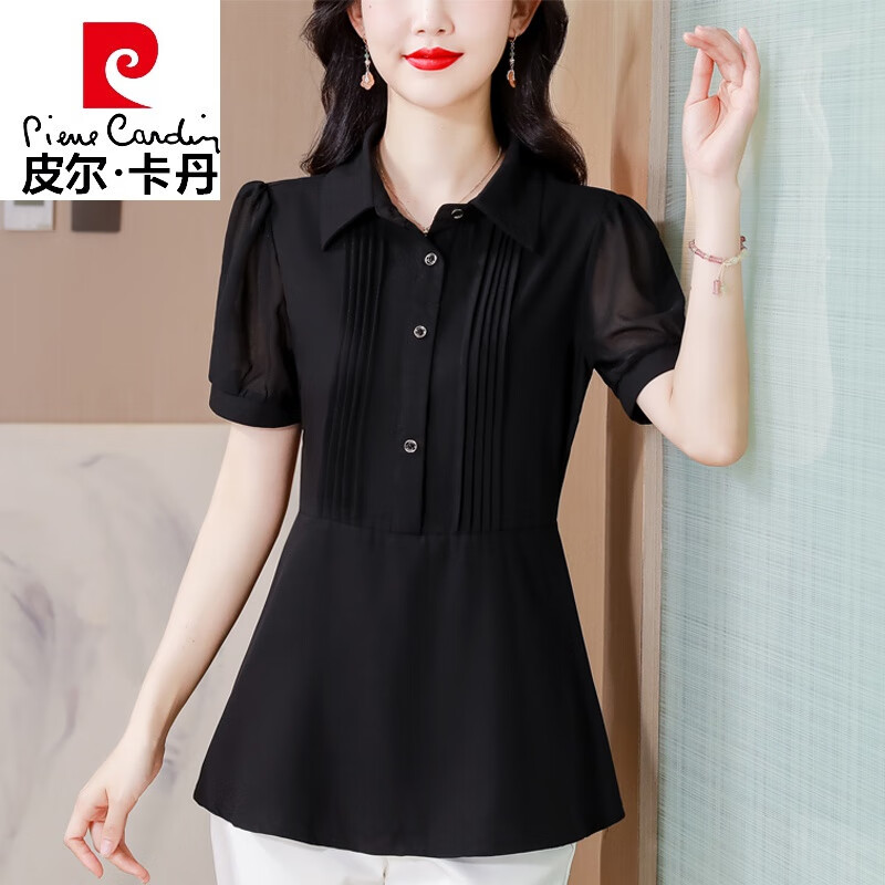 皮爾卡丹（pierre cardin）黑色短袖雪紡襯衫女士夏季2025年新款氣質(zhì)顯瘦小衫中長(zhǎng)款裙擺上衣 黑色 L 85-105斤
