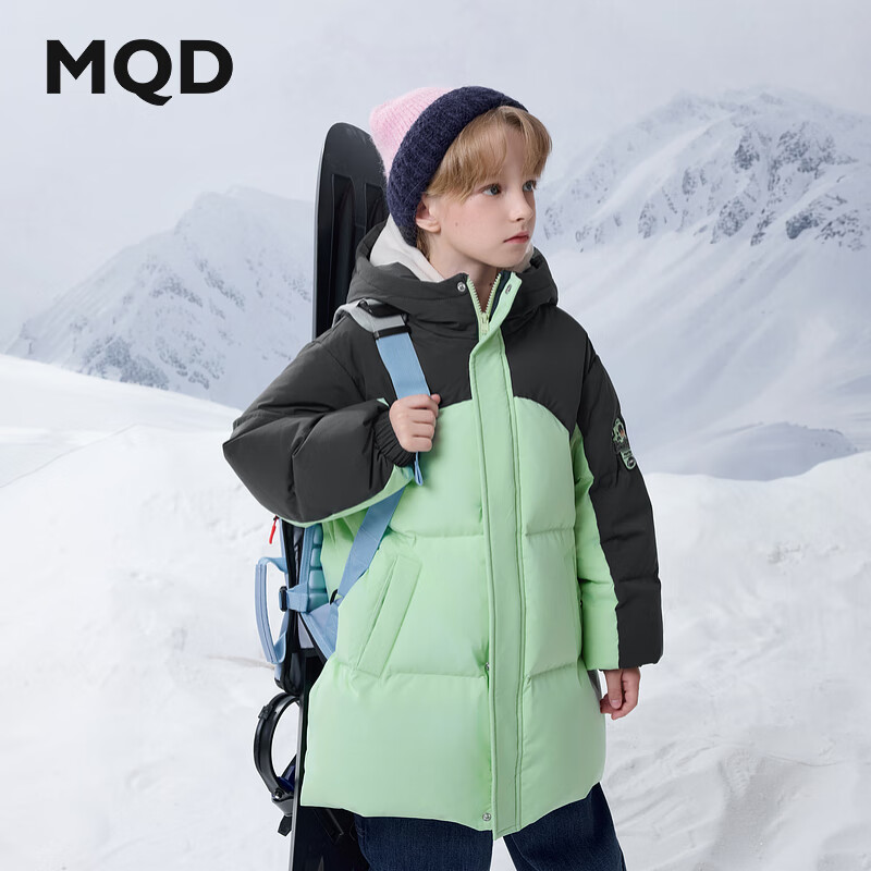 马骑顿（MQD）MQD冬季男女大童潮酷学院风休闲保暖撞色连帽羽绒服 浅绿 140 充绒量119g