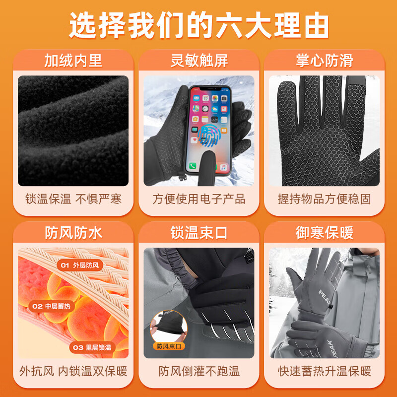 匹克保暖手套男冬季加绒加厚防风防寒骑行摩托运动滑雪手套可触屏 曜石黑【普通加绒】1对装 均码
