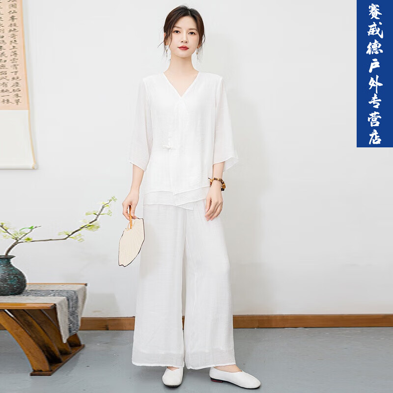 GUBPMTSHIM中國風(fēng)佛系禪修服棉麻打坐太極服上衣套裝瑜伽居士服中式練功服女 【套裝】白色上衣+白色褲子 XL