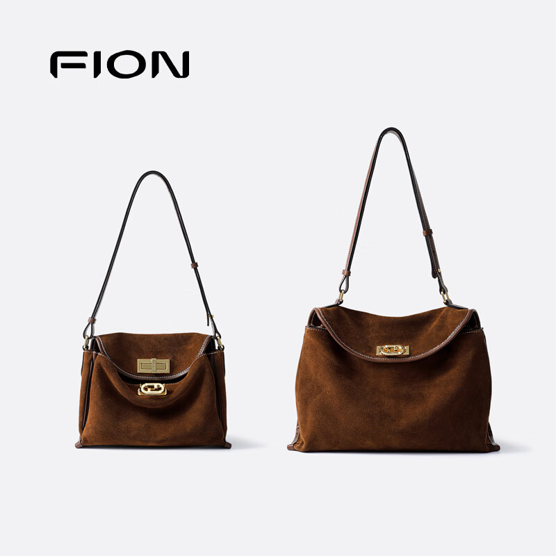 菲安妮(FION)2025新款女包双锁扣高级感托特包单肩包斜挎包圣诞礼物 反绒牛皮复古棕-中款