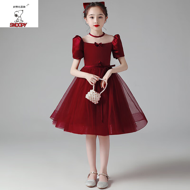 史努比（SNOOPY）儿童礼服公主裙女童小主持人礼服合唱表演服装高端红色演出服春夏 YFY001短裙 170 cm