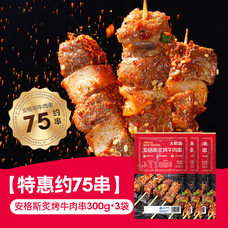 大希地安格斯牛肉串 空气炸锅露营户外烧烤冷冻半成品食材烤串美食 【约75串】安格斯牛肉串300g*3袋 240g