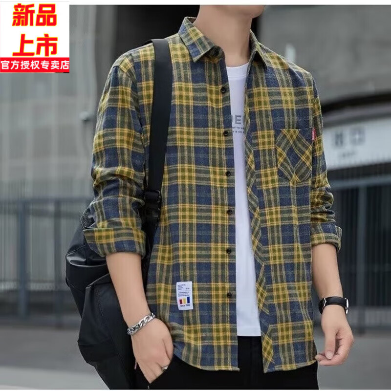 稻草人格子休閑襯衫男士春秋季長袖襯衣韓式上衣服復(fù)古寬松夏季薄款外套 K12111黃藍色 均碼 M90-110斤