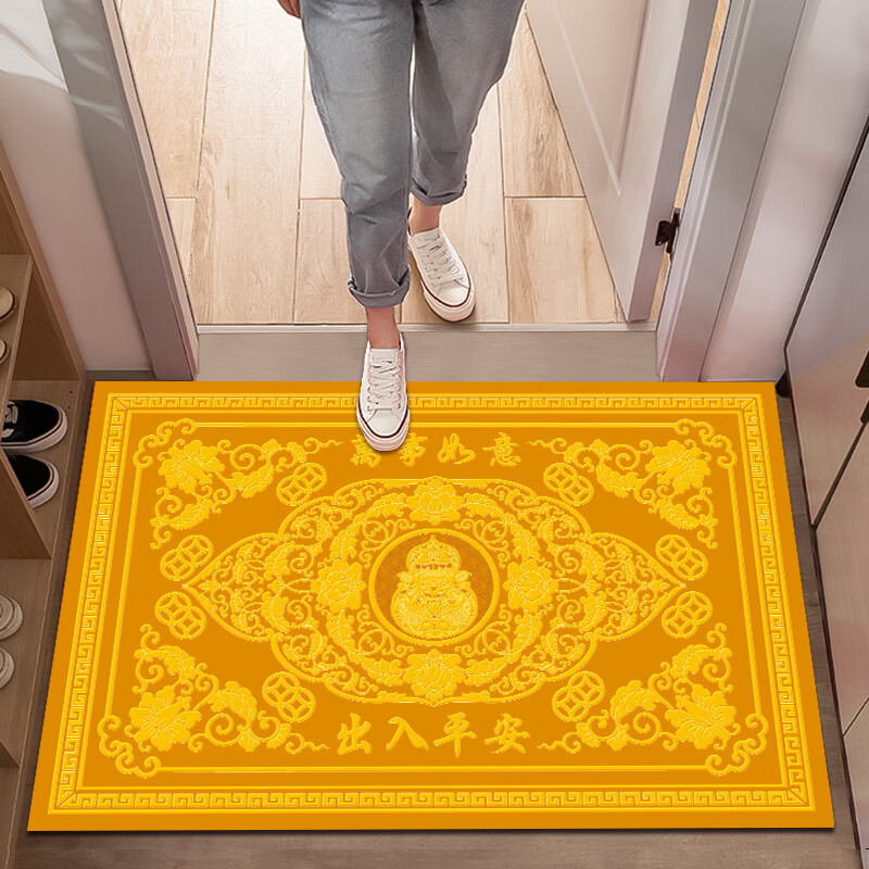 迎菲金色黄色入户门地垫脚垫2026年新款门垫进门口地垫玄关地垫可裁剪 赤金色-聚财(出入平安) 50cm*80cm 【皮革-横版】高*长