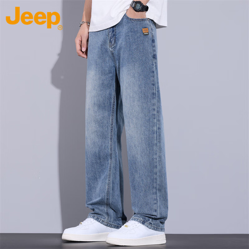 吉普（JEEP）牛仔裤男夏季新款直筒休闲裤男士宽松阔腿裤子弹力裤 浅蓝 32