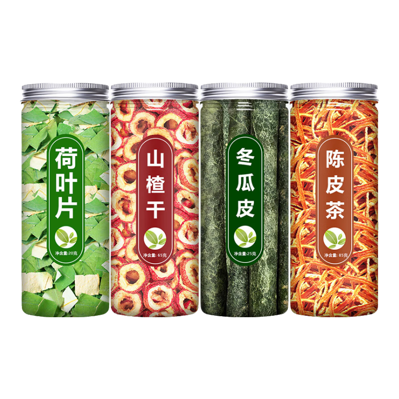 北京同仁堂干荷葉冬瓜皮陳皮山楂茶中藥材刮油去絲泡水喝的東脂 [4罐]山楂干+陳皮絲+冬瓜皮+荷葉片