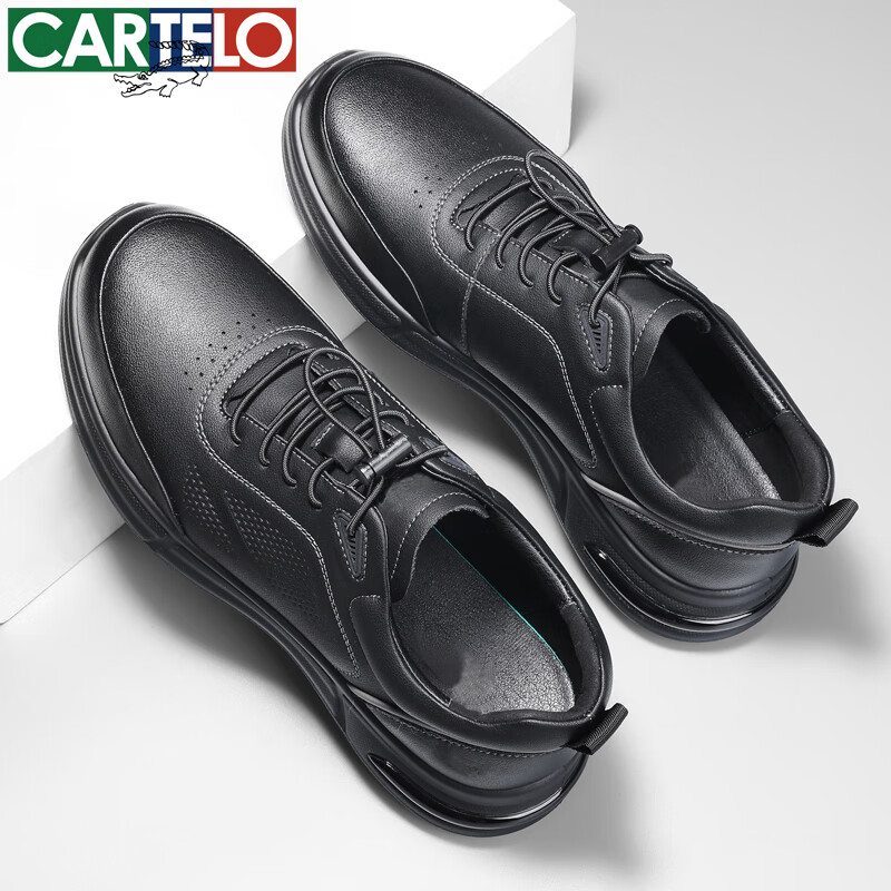卡帝乐鳄鱼男鞋秋冬季新款男士休闲皮鞋时尚运动休闲鞋百搭舒适旅游鞋子 黑色 42