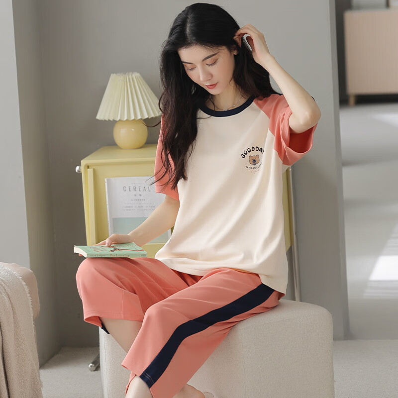 莫代尔睡衣女夏季100%纯棉短袖短裤甜美薄款全棉休闲学生家居服女套装 79962(纯棉) L 【建议95-115斤穿】