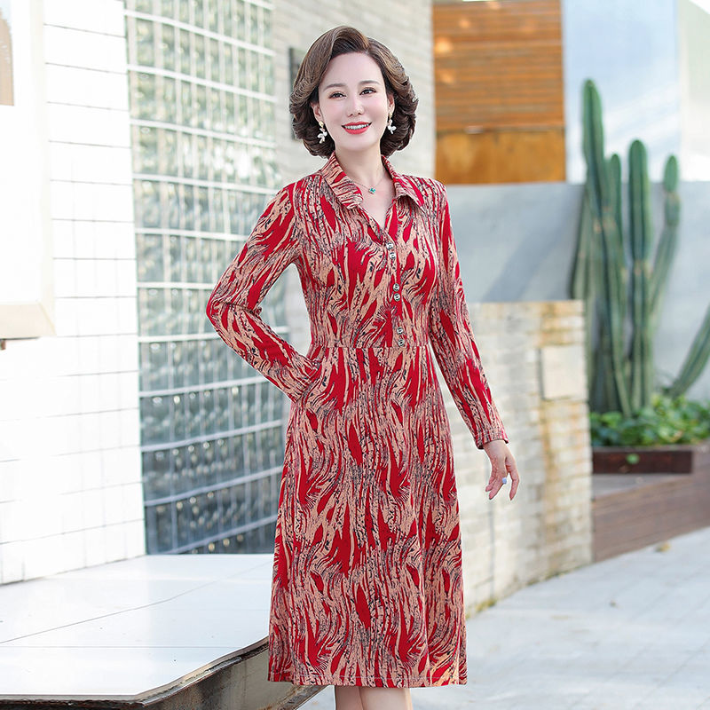 知特 春秋直筒连衣裙长袖中长款洋气新款中年妈妈装秋装连衣裙中长裙