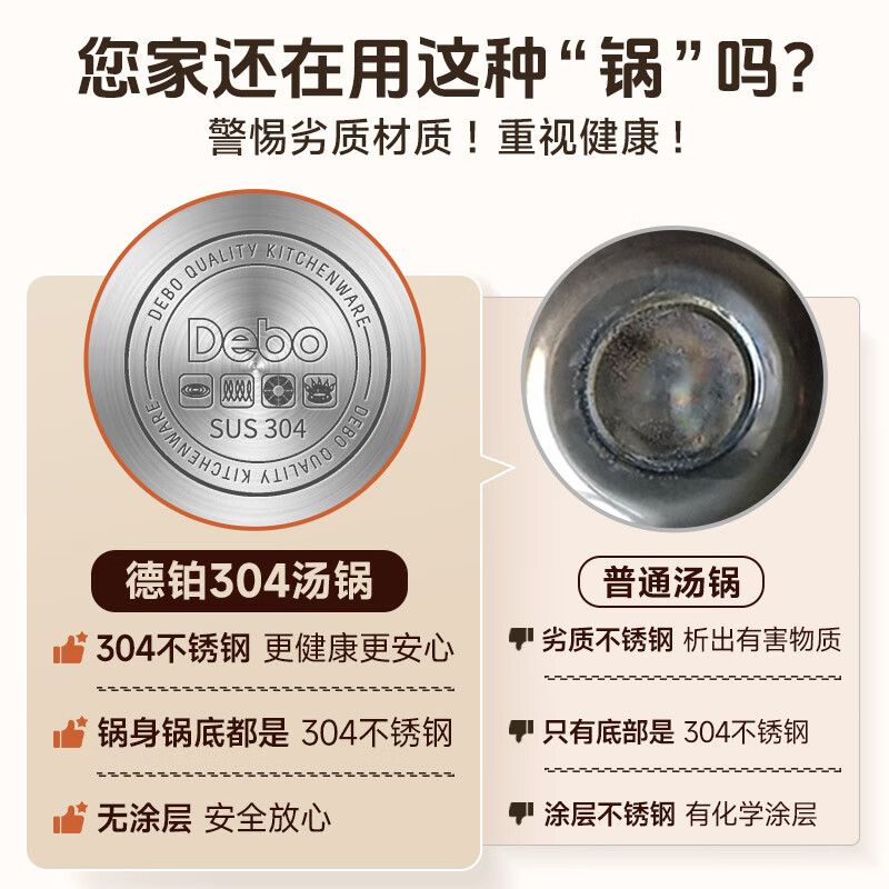 Debo德铂汤锅火锅不锈钢奶锅不粘锅加粗手柄盖柄明火电磁炉通用 特厚304不锈钢汤锅 26cm