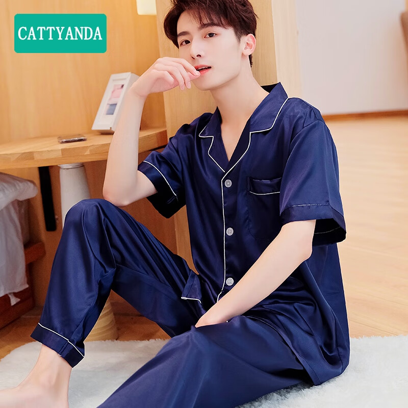 CATTYANDA 男士冰丝睡衣男春夏季短袖长裤薄款大码家居服套装 短袖纯色款-墨绿 3XL （165-185斤）