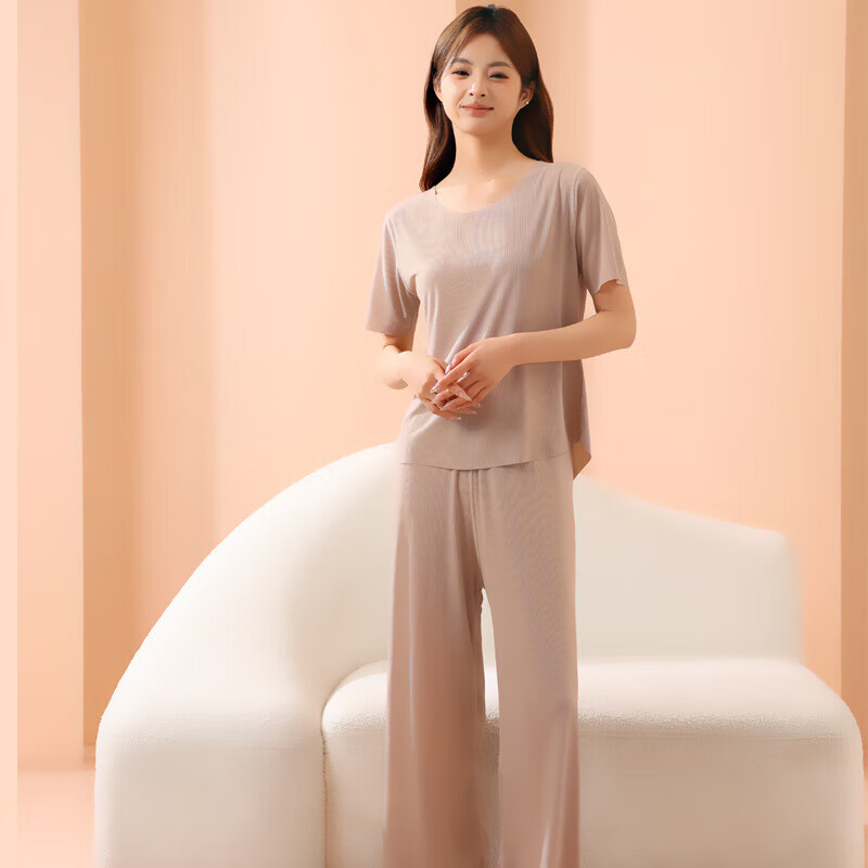 有只绵情侣睡衣套装春夏季冰丝无痕宽松大码男女款可外穿家居服 女款-卡其色 4XL