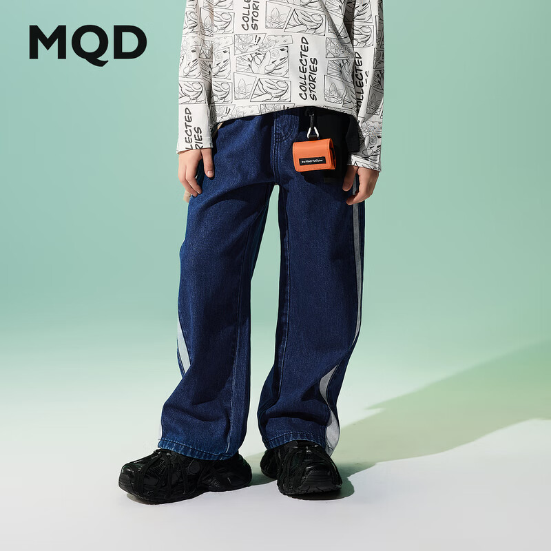 马骑顿（MQD）【国潮系列】男童裤子2025春秋季新款宽松直筒拼色儿童牛仔裤百搭 深牛仔蓝 150