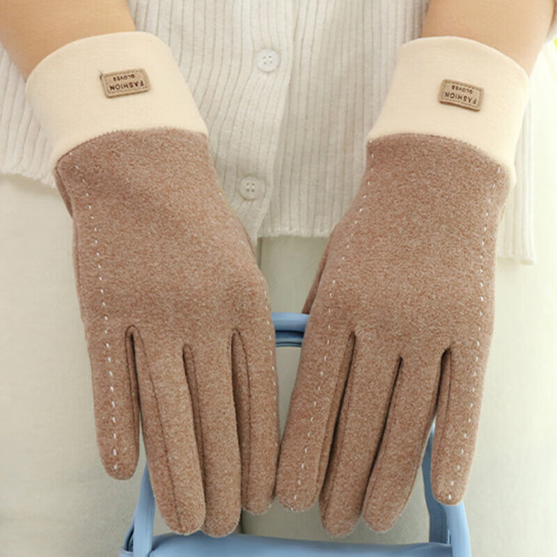 达芬奇密码 秋冬季开车可触屏加绒保暖防风防寒手套女 白线 卡其 均码