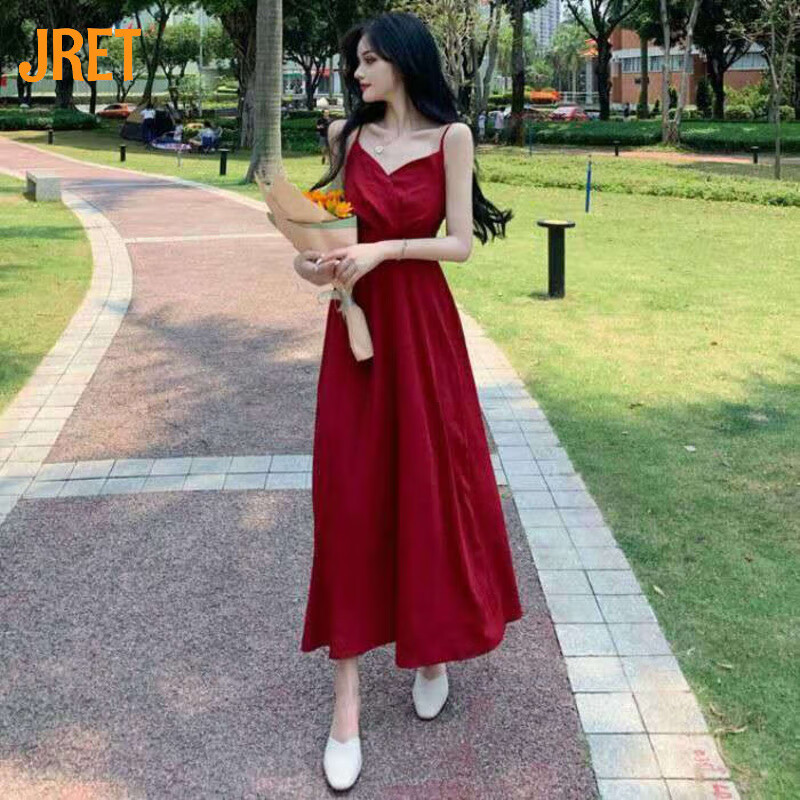 Jret法式連衣裙夏季新款復(fù)古吊帶小紅裙收腰度假高腰顯瘦A字中長款 01款  紅色 [肩帶可調(diào)節(jié)] L 建議[100-110]斤