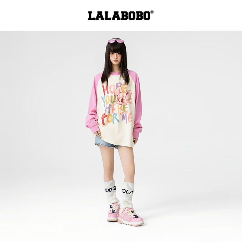 LALABOBO【陈丹妮同款】长袖T恤纯棉多巴胺原创宽松可爱薄卫衣LBEA-WSDT17 粉色 M