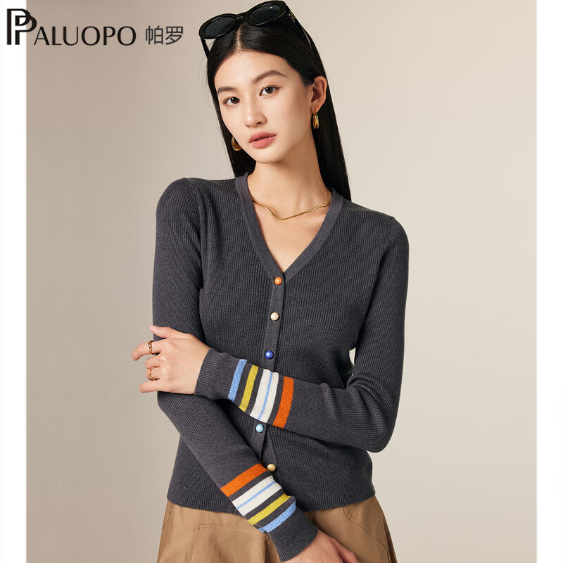 帕罗(PALUOPO)2025春季新款羊毛针织开衫外塔女装多彩纽扣森系条纹提花拼色毛衣 深灰 M (160/84A)