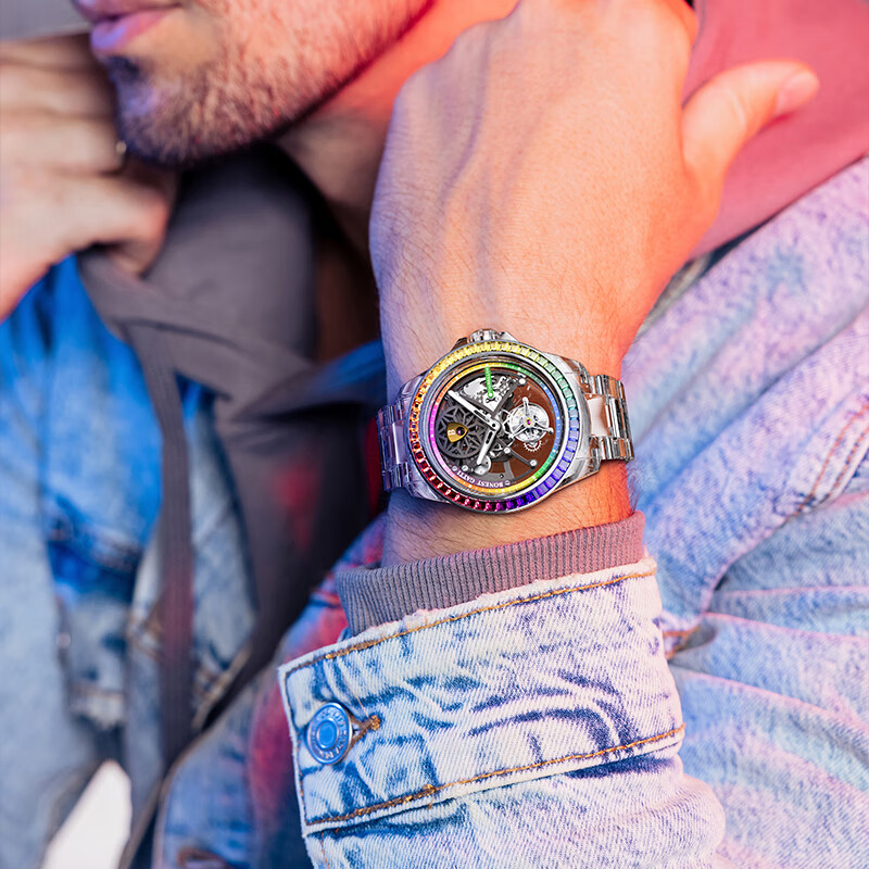 布加迪（BONEST GATTI）德国水晶陀飞轮机械防水夜光运动男士镂空腕表情人节送男友礼物 BG7002-G1银壳白面玻璃带