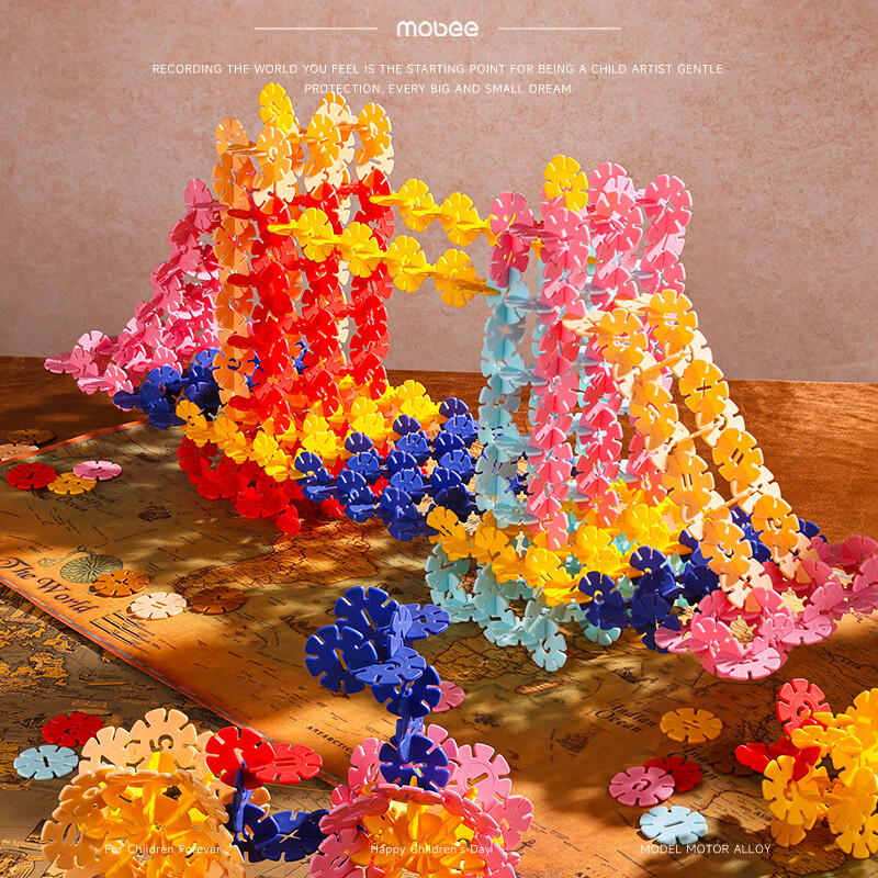 mobee雪花片儿童积木玩具立体拼图大号3-6diy益智手工装拼插六一节礼物 数字雪花片【525片】收纳箱装 色彩缤纷绚丽-光滑无刺-数字拼插