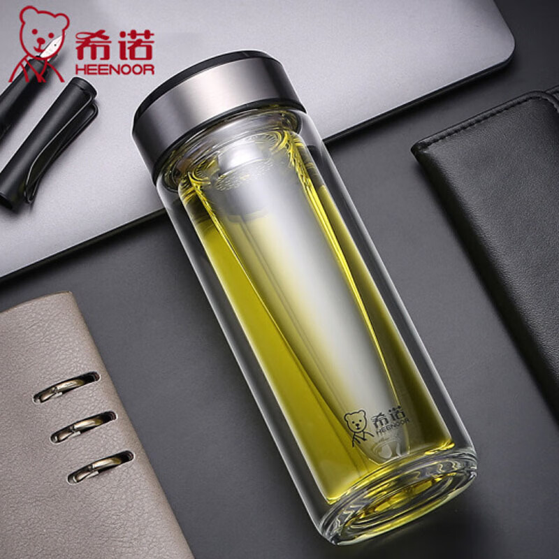 希诺(heenoor)双层玻璃杯男士高档办公车载水杯家用高硼硅隔热防烫大容量泡茶杯 6711本色-315ml-正品小熊杯盖