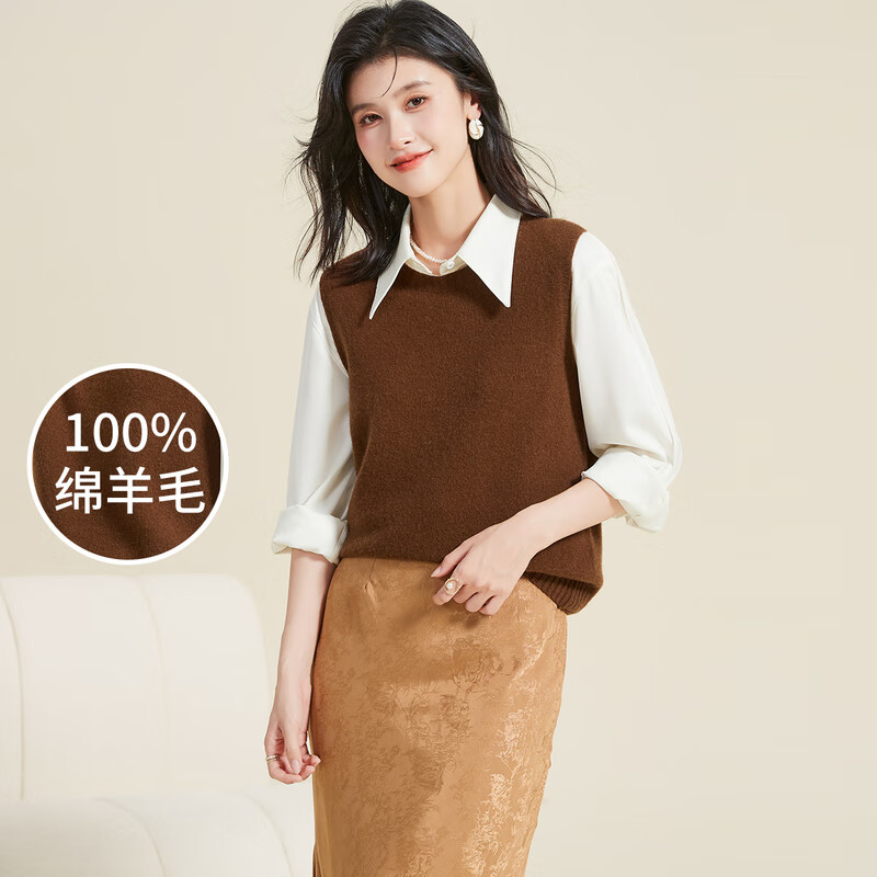 金菊【绵羊毛100%】净色光版背心马甲叠穿百搭圆领无袖针织衫女羊毛衫