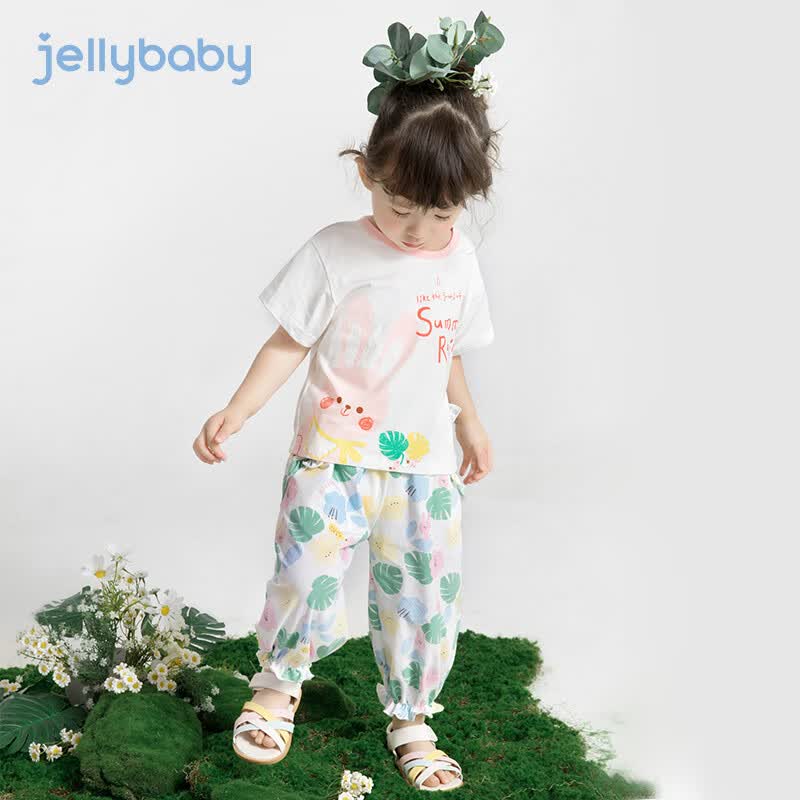 JELLYBABY女童t恤动物印花T恤夏季儿童短袖上衣男女童薄款衣服童装圆领上衣 灰蓝 90 CM