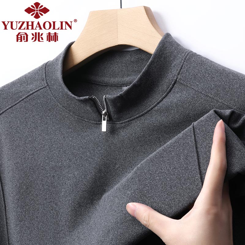 俞兆林德绒长袖t恤男士秋冬季纯色半拉链打底衫中青年磨毛保暖中领体恤 灰色 M (165) (建议90到110斤穿)