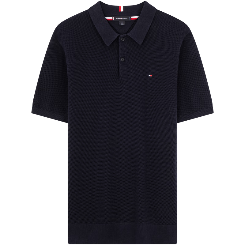 TOMMY HILFIGER【純色肌理感】25夏季男純棉通勤POLO襯衫領(lǐng)短袖針織衫04331 藏青色DW5 M （推薦：135-150斤）