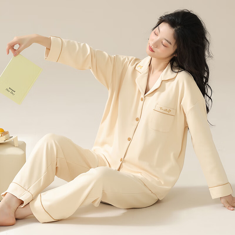 猫人莼棉睡衣女 自带胸垫春秋新款长袖翻领开衫 可外穿家居服大码套装 奶杏色【纯棉紧密 | 自带胸垫】 XL