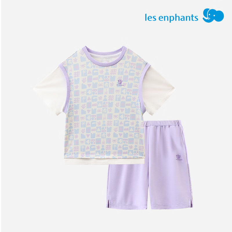 丽婴房儿童运动短袖套装印花速干假两件短袖中裤套装儿童套装 三色堇紫 110 cm