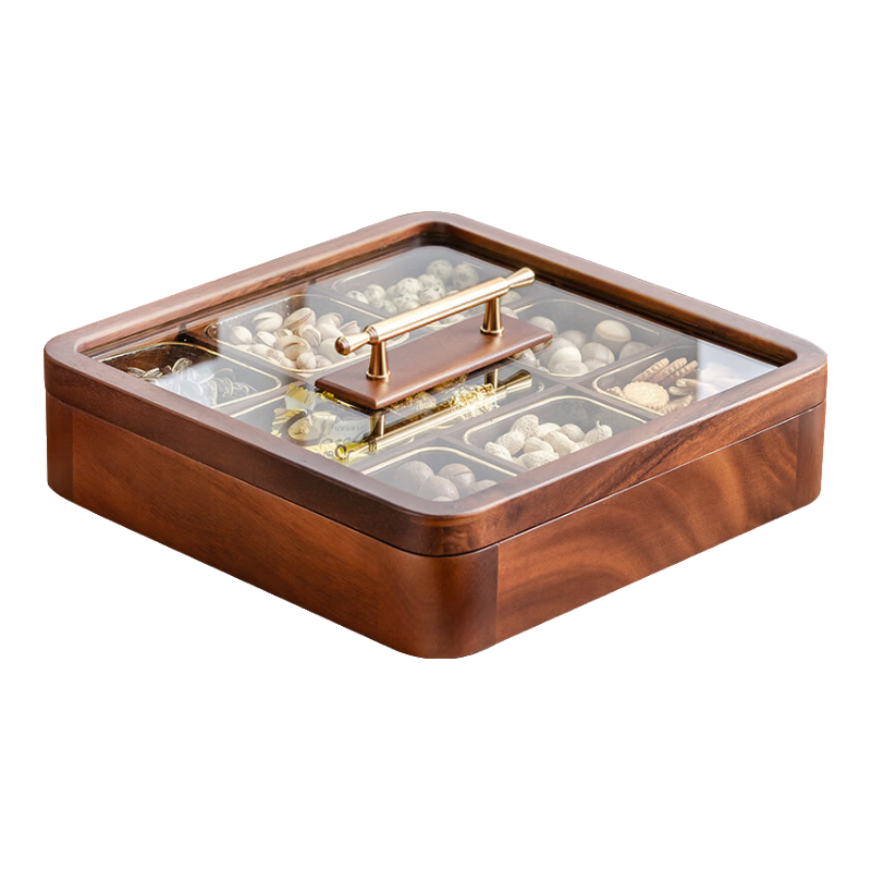 木雅軒干果盤實木干果盒瓜子糖果盤分格水果盤客廳干果收納盒果盤零食盤 方形九宮格果盤34cm