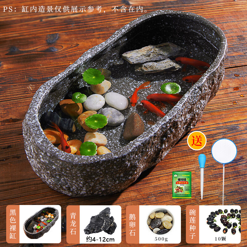 共度（Gong Du）古法養(yǎng)魚缸生態(tài)造景碗蓮陶瓷盆家用陽臺(tái)小魚池小型裝飾仿石頭魚缸 大號(hào)長(zhǎng)條黑色古法魚缸+溪流石+青龍石+碗蓮
