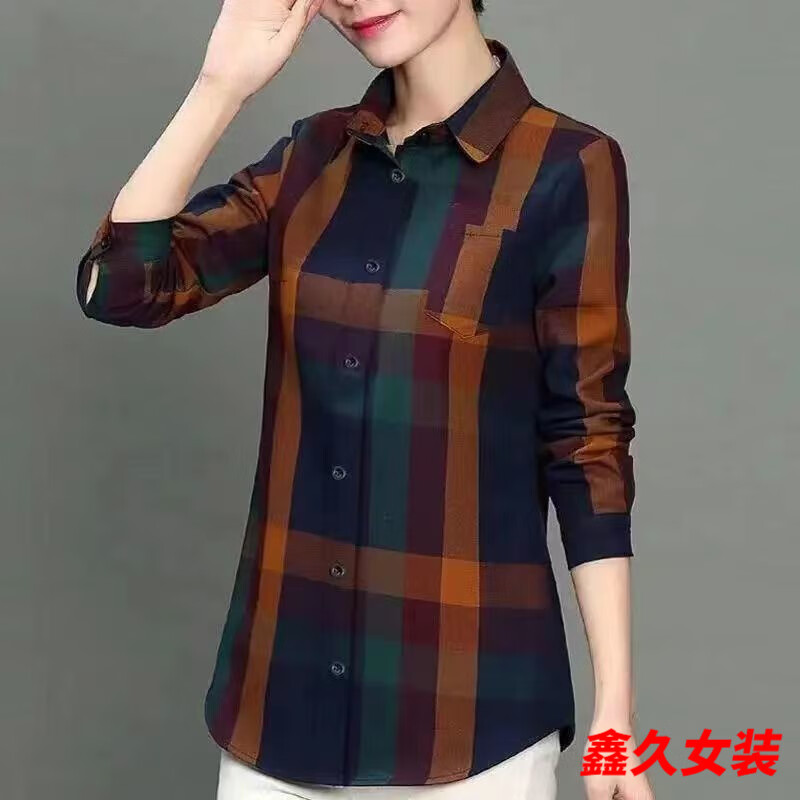 美安嘉春秋新款宽松格子棉布衬衫女磨毛长袖遮肚衬衣大码上衣外套 203橘黄色 XL