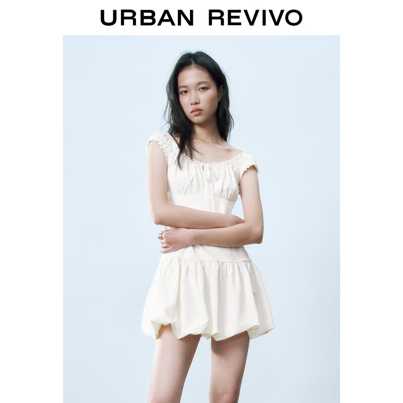 UR2025春季新款女装撞色蕾丝飘带U领无袖修身连衣裙UYY750014