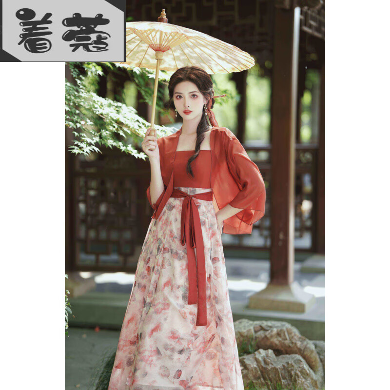 著蔻漢服女裝古裝復(fù)古風(fēng)新中式女裝改良漢服古風(fēng)抹胸吊帶連衣裙開衫兩 紅色 S