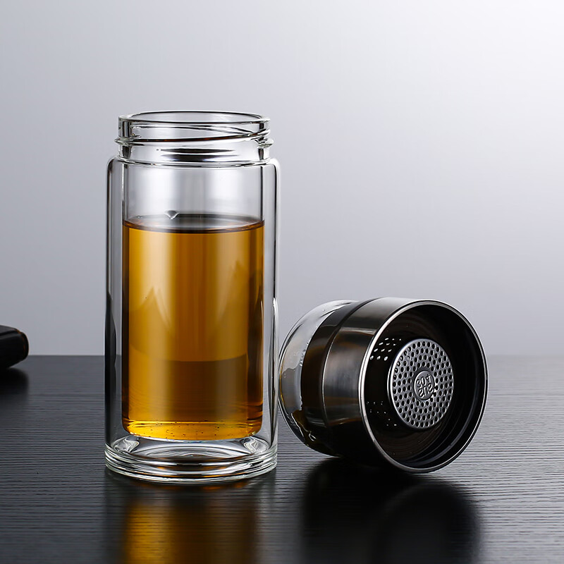 KSHK德国精工品质双层玻璃杯男士高颜值茶水分离泡茶杯子耐高温水杯 蓝色- 送杯刷360ml